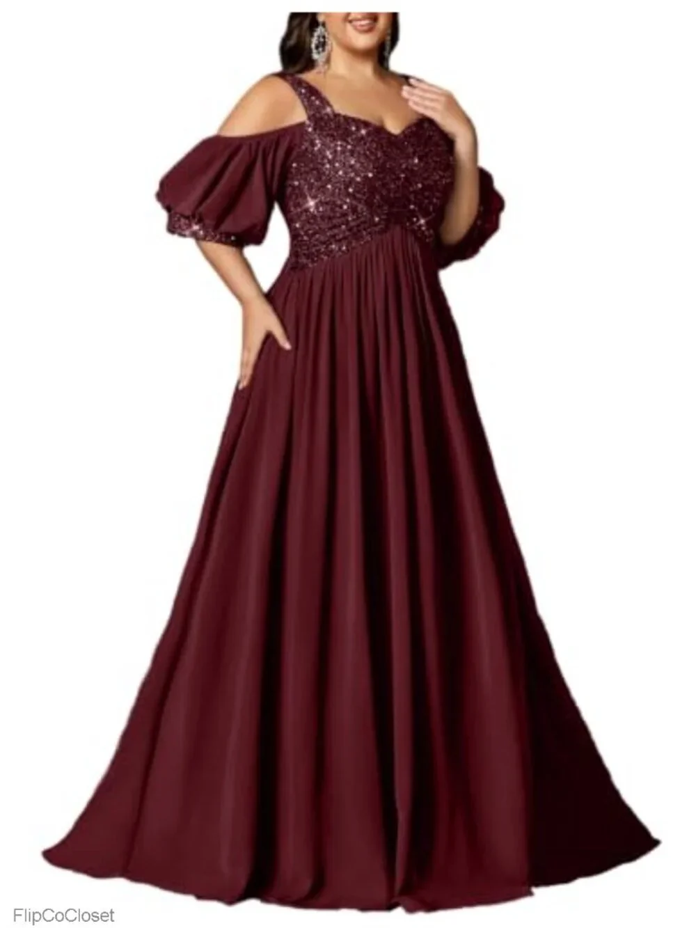 Plus Size Sequined A-Line Formal Maxi Dress with Puff Sleeves